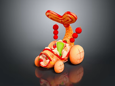 Creative Fish Shaped Food Sculpture With Red Tail Beads Orange Body And Green Decorations 3d model