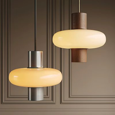 Modern Pendant Lights With Yellow Lampshades And Metal Wooden Bases On Dark Walls 3d model