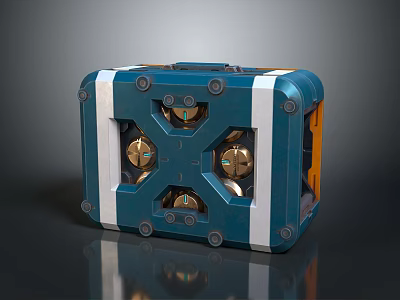 Blue Square Equipment Featuring White Stripes And Four Gold Circular Bolt Fastened Components 3d model