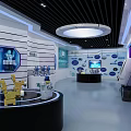 VR Interactive Experience Zone Featuring Robots On Circular Platform And Purple Backdrop Screens 3d model