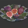 Fresh Figs on Dark Plate Sliced and Whole with Green Leaves Red Flesh Seeds