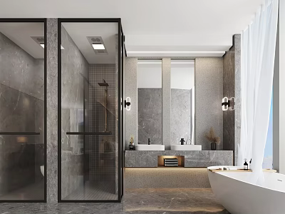 Modern Hotel Bathroom Interior With Glass Shower Enclosure Marble Walls Double Vanity And Bathtub 3d model