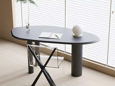 Modern Minimalist Black Oval Desk With Notebook Pen Clear Glass And White Sphere Decor 3d model