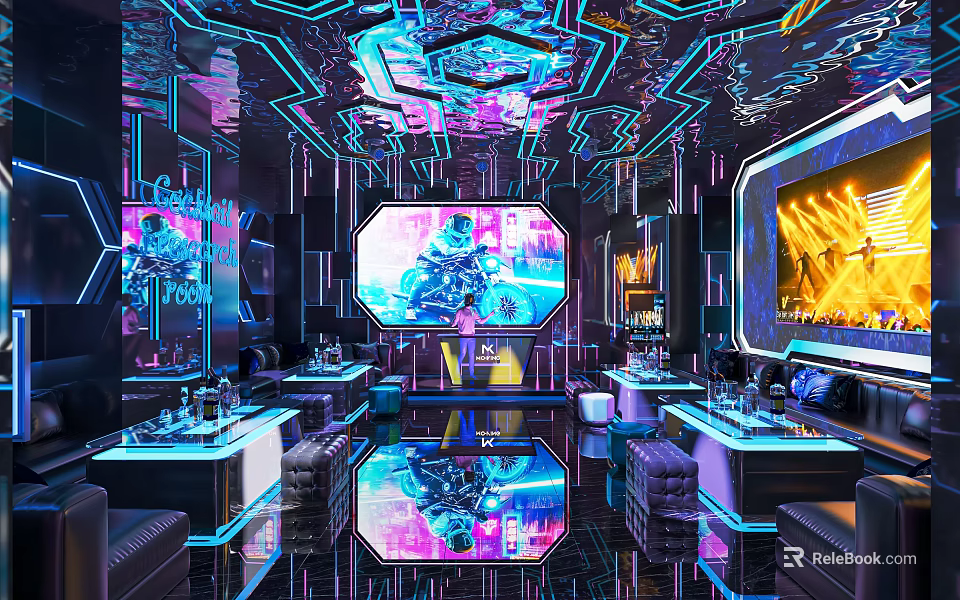 Modern KTV Interior Design With Neon Lights Large Screens And Mirrored Seating Areas 3d model 