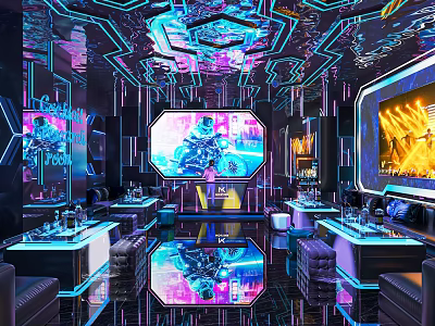 Modern KTV Interior Design With Neon Lights Large Screens And Mirrored Seating Areas 3d model