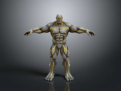 3D Character Model With Muscular Structure Yellow Energy Lines Gray Background And Reflective Base 3d model