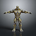 3D Character Model With Muscular Structure Yellow Energy Lines Gray Background And Reflective Base 3d model