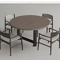 Modern Round Dining Table Set with Four Dark Frame Chairs Light Colored Seats Wooden Tabletop