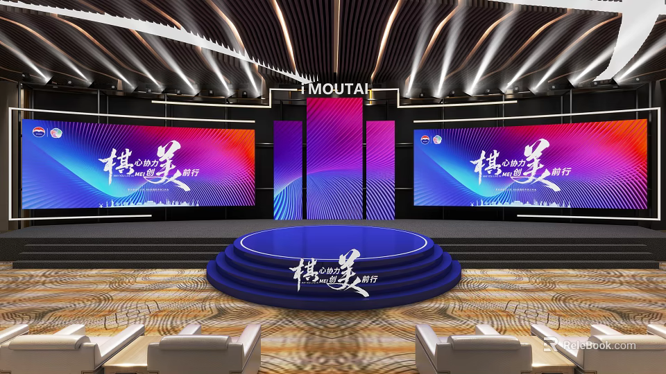 Modern Stage Design With Blue Circular Platform Steps Large Screens Colorful Graphics And Ceiling Lighting 3d model 