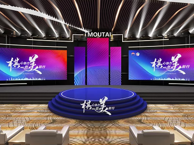 Modern Stage Design With Blue Circular Platform Steps Large Screens Colorful Graphics And Ceiling Lighting 3d model