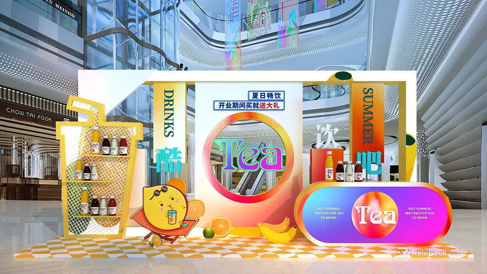 Vibrant Tea Shop Display With Drinks Strawberry Fresh Fruits And Cartoon Character 3d model 