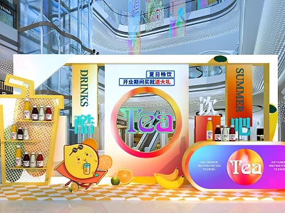 Vibrant Tea Shop Display With Drinks Strawberry Fresh Fruits And Cartoon Character 3d model
