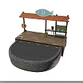 Wooden Waterfront Stall With Red Roof Fish Sign Lifebuoy And Stone Pond