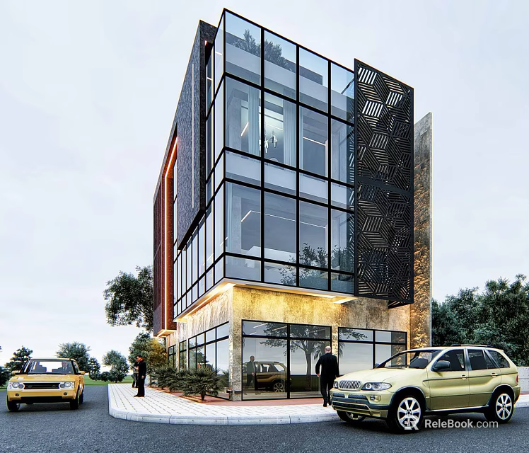 Modern Single Family Villa With Glass Curtain Walls Metal Decorations And Surrounding Trees 3d model 