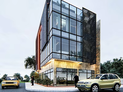 Modern Single Family Villa With Glass Curtain Walls Metal Decorations And Surrounding Trees 3d model