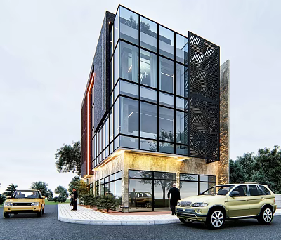 Modern Single Family Villa With Glass Curtain Walls Metal Decorations And Surrounding Trees 3d model