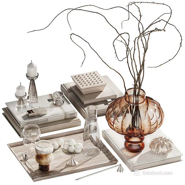 Modern Decorative Ornament Set Including Amber Vase Twigs Stacked Books Candles Tray and Glass Beads 3d model 