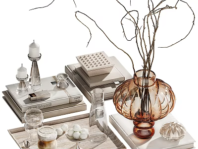 Modern Decorative Ornament Set Including Amber Vase Twigs Stacked Books Candles Tray and Glass Beads 3d model