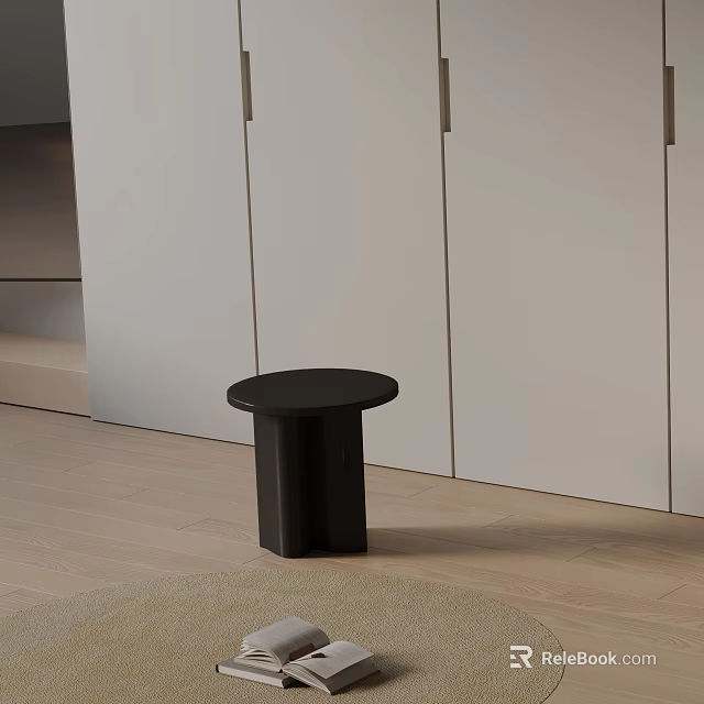 Modern Black Side Table With Round Top Cylindrical Base By White Cabinets On Wooden Floor 3d model 