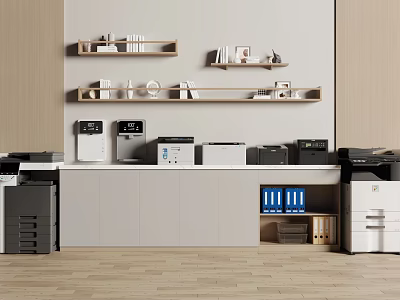 Modern Office Space Featuring Various Office Appliances Arranged On Cabinets And Shelves 3d model