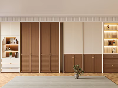 Modern Wardrobe Interior Design With Brown White Panel Doors Side Storage Cabinets And Shelves 3d model