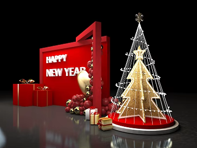 Happy New Year Decorations With Golden Christmas Tree And Gift Boxes 3d model