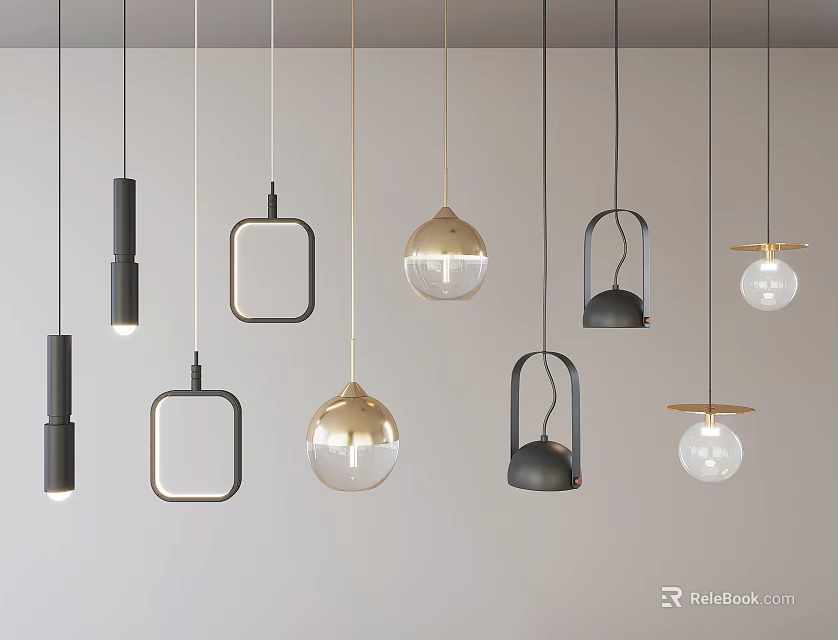 Modern Decorative Pendant Lights With Various Shapes And Designs Hanging From Ceiling 3d model 
