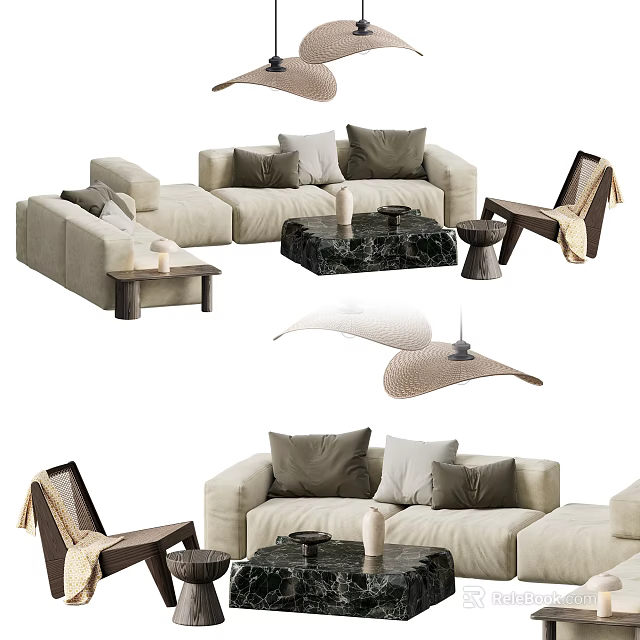 Modern Sofa and Coffee Table Set with Beige Cushions and Black Marble Top 3d model 