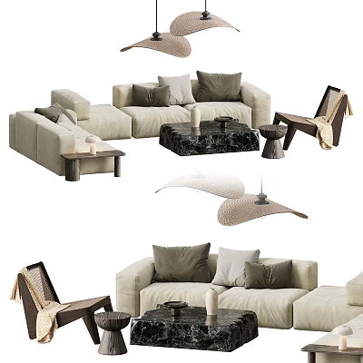 Modern Sofa and Coffee Table Set with Beige Cushions and Black Marble Top 3d model