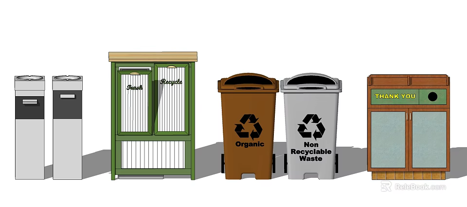 Public Waste Management Facility With Organic Non Recyclable And Standard Recycling Bins 3d model 