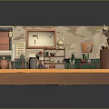 Cartoon Scene of Cozy Indoor Room with Staircase Fireplace Green Table and Colorful Furniture