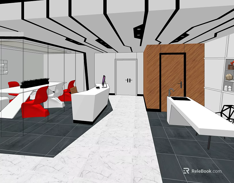 Modern Public Office Space With Glass Partitions Red Chairs White Reception Desk And Marble Flooring 3d model 