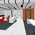 Modern Public Office Space With Glass Partitions Red Chairs White Reception Desk And Marble Flooring