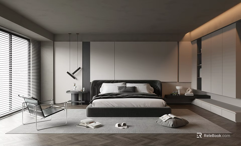 Modern Bedroom Interior Design With Large Bed Dark Headboard And Wooden Floor 3d model 