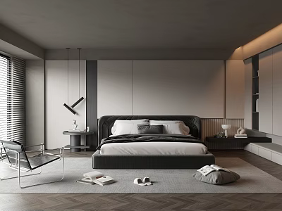 Modern Bedroom Interior Design With Large Bed Dark Headboard And Wooden Floor 3d model