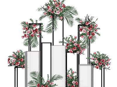Modern Elegant Vase Flowers with Geometric Frames White Stands Pink Blooms and Green Leaves 3d model