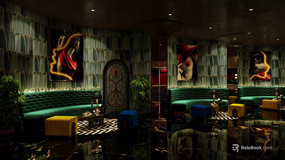 KTV Interior Design Featuring Green Sofas Neon Decorations Art Paintings And Colorful Stools 3d model 