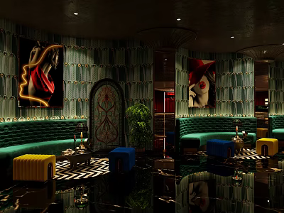 KTV Interior Design Featuring Green Sofas Neon Decorations Art Paintings And Colorful Stools 3d model