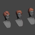 Three White Head Models Featuring Orange Hair And Different Hairstyles On Gray Background