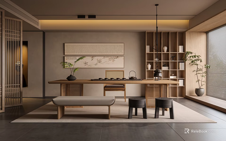 Traditional Chinese Tea Room Interior With Wooden Tea Table Bench Stools And Decorative Painting 3d model 