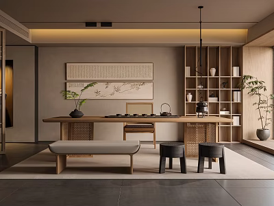 Traditional Chinese Tea Room Interior With Wooden Tea Table Bench Stools And Decorative Painting 3d model