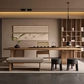 Traditional Chinese Tea Room Interior With Wooden Tea Table Bench Stools And Decorative Painting