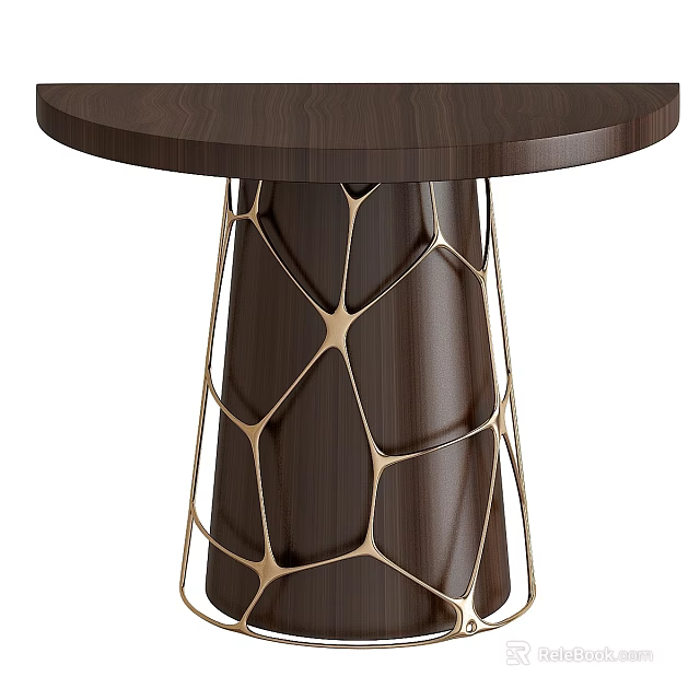 Modern Round Table With Dark Wooden Top And Gold Geometric Mesh Base 3d model 