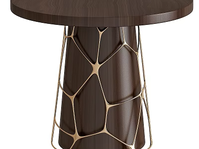 Modern Round Table With Dark Wooden Top And Gold Geometric Mesh Base 3d model