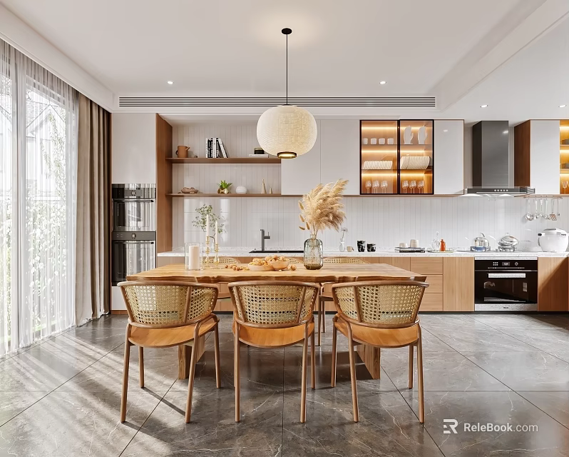 Modern Dining Living Room Interior With Wooden Table Chairs Pendant Light And Cabinets 3d model 