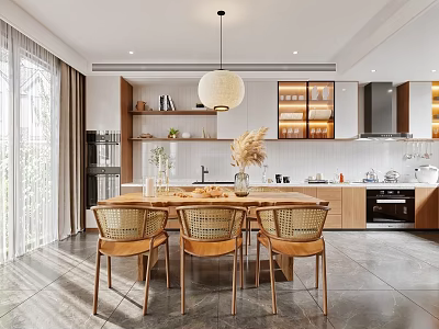 Modern Dining Living Room Interior With Wooden Table Chairs Pendant Light And Cabinets 3d model