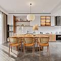 Modern Dining Living Room Interior With Wooden Table Chairs Pendant Light And Cabinets
