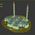 Cartoon Mosque Scene With Green Domes White Walls Twin Minarets Green Grass And 3D Design