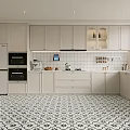 Modern White Kitchen Interior With Double Door Refrigerator Built In Oven And Patterned Floor Tiles