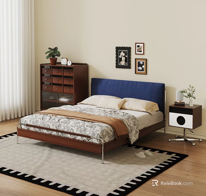 Double Bed With Blue Headboard Wooden Nightstand Patterned Quilt And Framed Pictures On Wooden Floor 3d model 
